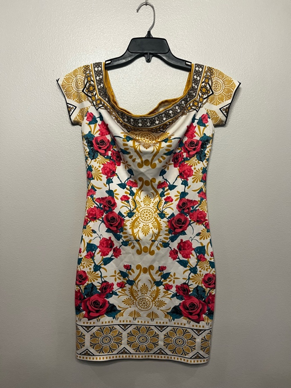 Jealous Tomato White Mini Dress with Gold Accents and Red Rose Print Fit Flare